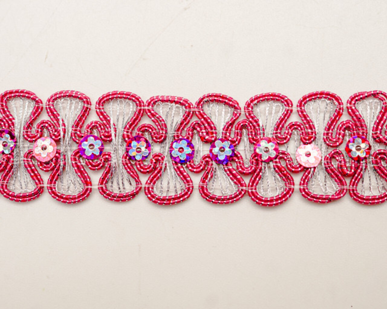 1 1/4" x 10 Yards Fuchsia/Silver Braided Floral Sequin Trim Pack of 5